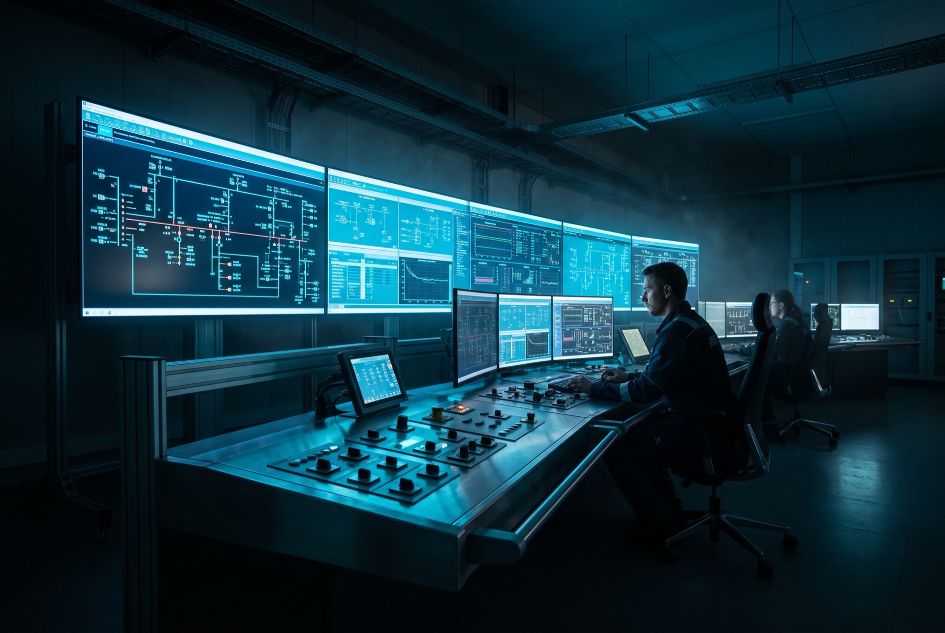 High-tech control room with electrical schematics